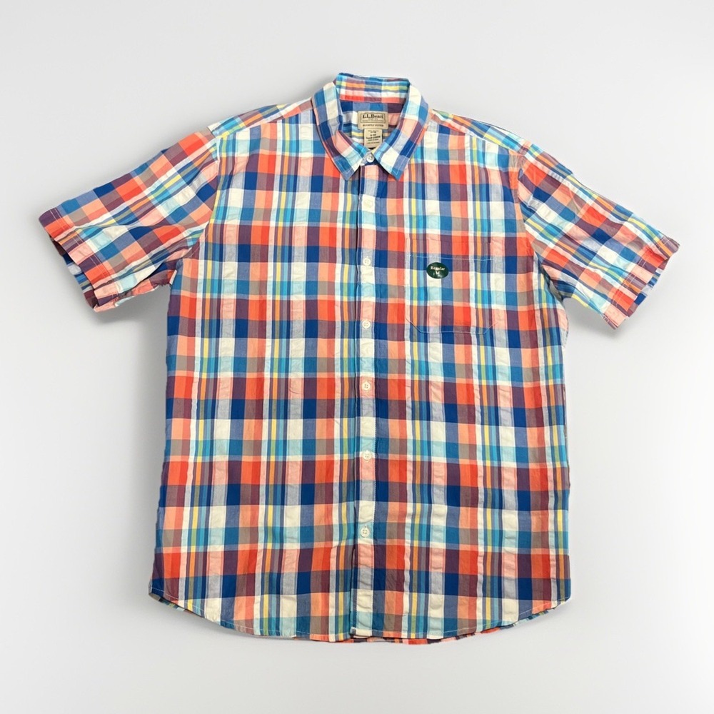 NWOT LL Bean Shirt Mens Medium Madras Plaid Seersucker Button Up Slightly Fitted